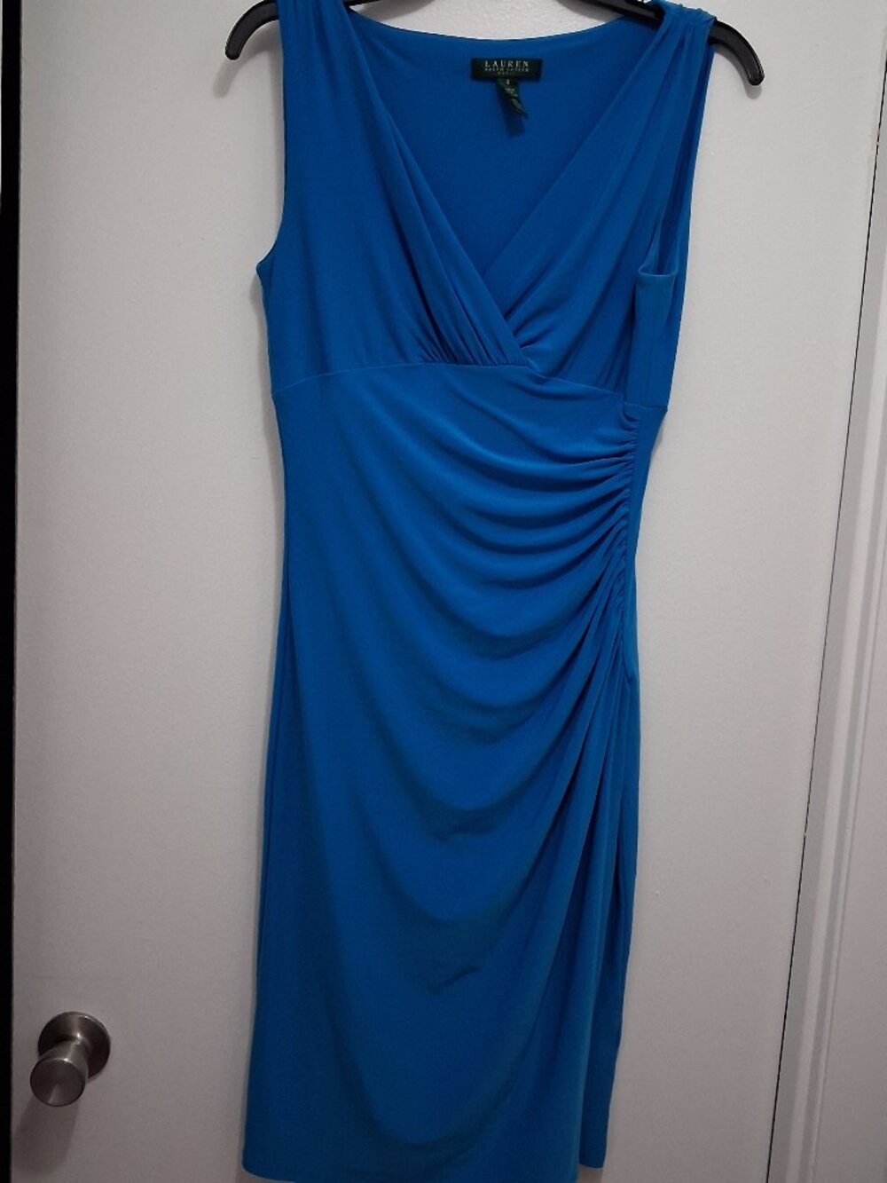 Lauren Ralph Lauren Blue Sleeveless Ruched Faux-Wrap Dress - Size S